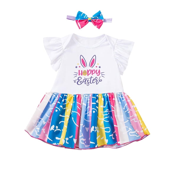 YABCSAZ Toddler Baby Easter Dress Ruffled Sleeveless Funny Cute Eggs Bunny Print Dress Girl Party Birthday Princess Dresses for Infant Newborn Size 3 M