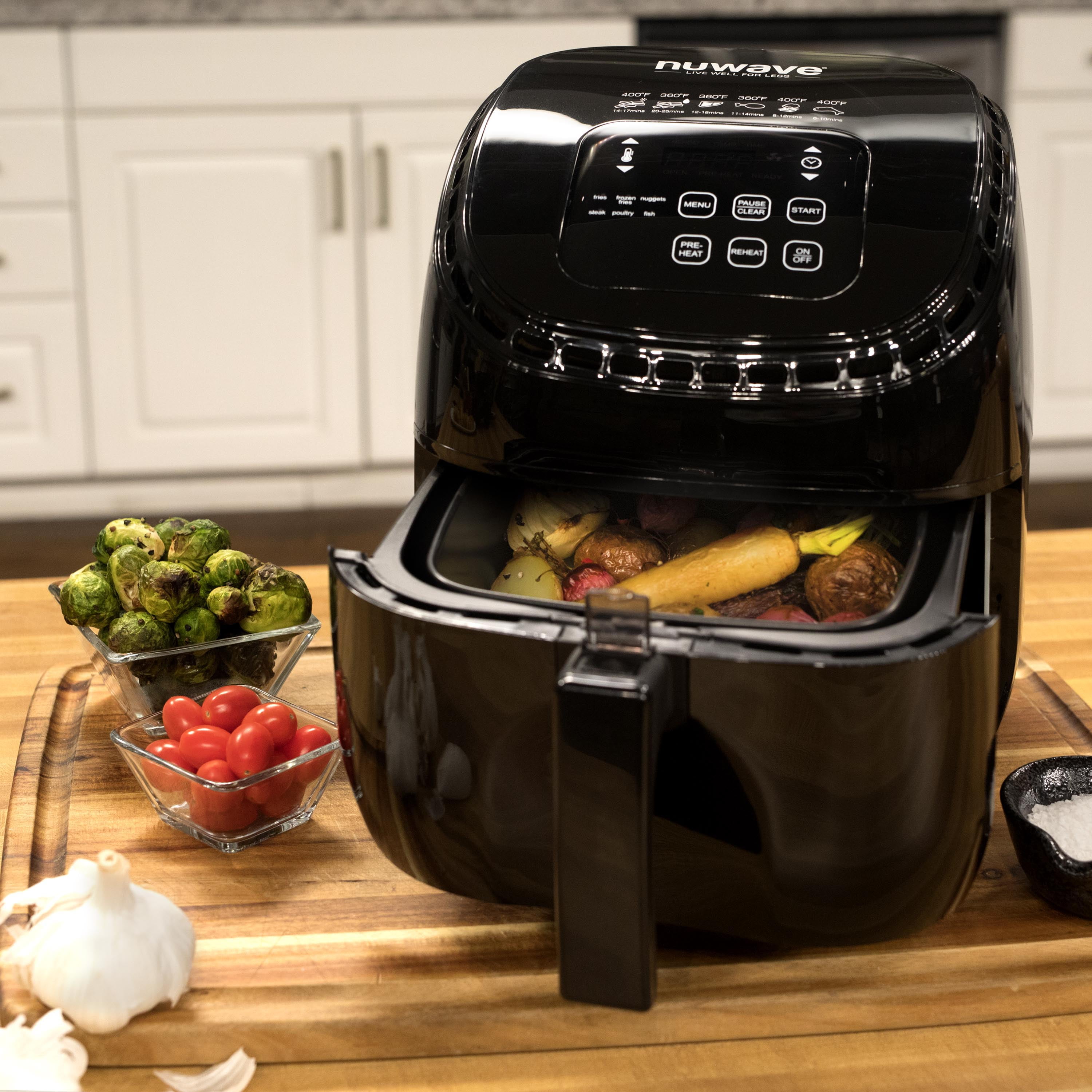 precise temperature control REHEAT and more wattage control 6 easy presets recipe book also includes non-stick baking pan and s NUWAVE BRIO 3-Quart Digital Air Fryer cooking package with one-touch digital controls and advanced functions like PREHEAT 
