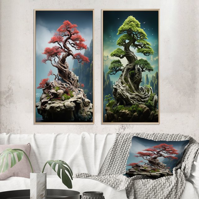 Designart "Bonsais Wisdom Asian beauty VI" Art Mural Encadré Ensemble de 2 - Personnes Rouges Art Mural Encadré Ensemble de 2