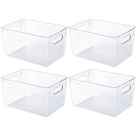 4 Pack Clear Plastic Storage Bins Pantry Organizers and Storage with Handles Clear Storage Containers for Fridge Kitchen Cabinet Bathroom and Office