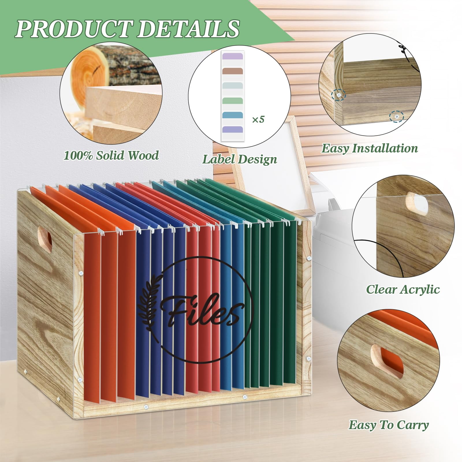 Clear Acrylic File Box Organizer, Wood Hanging Folder Storage Boxes, Filing Crate Bin Holder with Handle for Home Office Desk, Letter Size