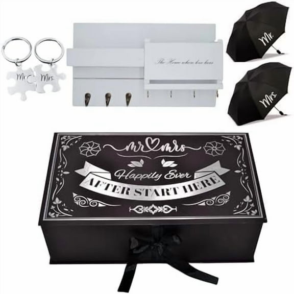 Wedding Gift Set – Mr & Mrs Key Holder with Umbrellas & Keychains – Unique Couple Housewarming Present