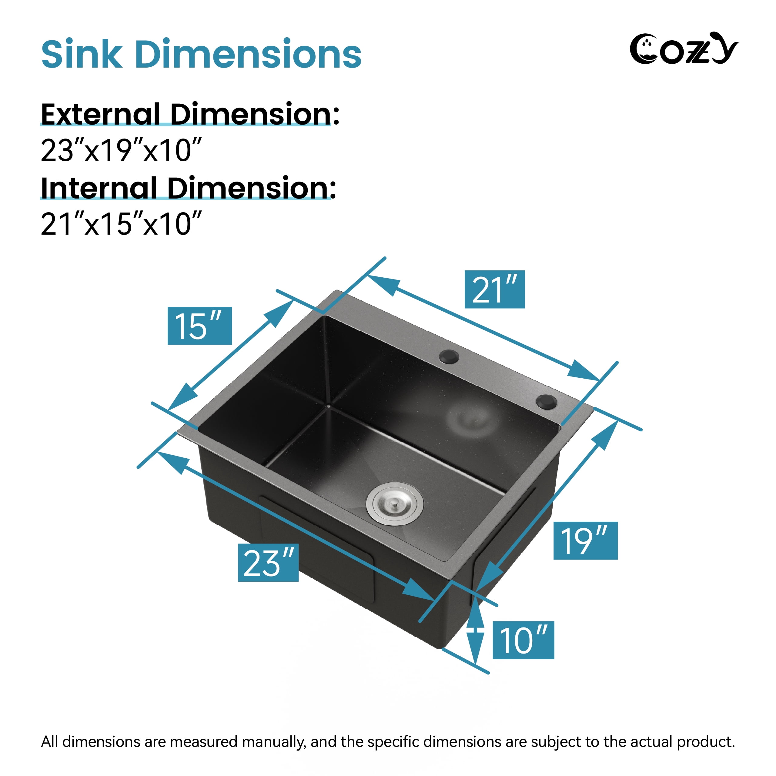 23″x19″ Stainless Steel Kitchen Sink, Single Bowl, Overmount Handmade Sink in Black, with US Standard Drain and Hook, SS-BL02D-231908-2
