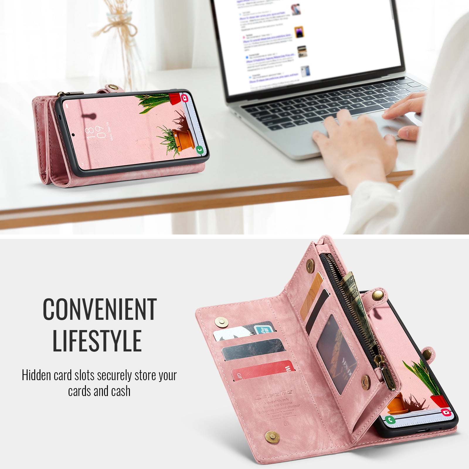 Dteck 2 in 1 Detachable for Samsung Galaxy A16 5G Wallet Case with Card Holder, Shockproof Retro Premium Flip Leather Cover Magnetic Zipper Pocket Phone Cases, Pink