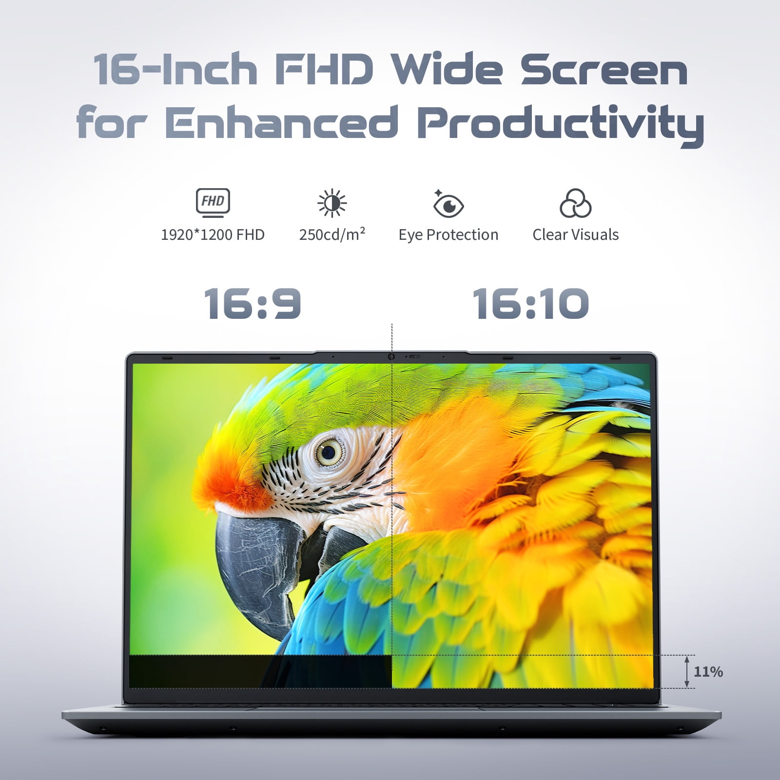 16" FHD 16:10 IPS Laptop, Intel Core i5, 16GB RAM 256GB SSD, Windows 11 Pro MS Office 2024, Silver, Student & Business