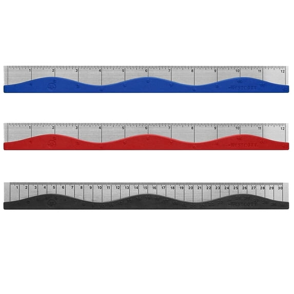 Westcott 12-Inch (30cm) Home & Office Wave Metal Ruler - Black/ Blue / Red-Red