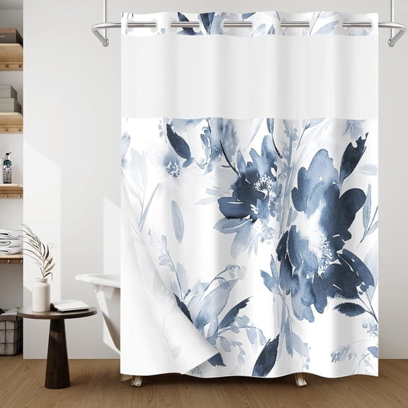 Behome No Hook Shower Curtain, Double-layer Waterproof Thick Fabric Shower Curtain, Hookless Shower Curtain with Snap in Liner for Bathroom, 71Wx74H, Blue and White