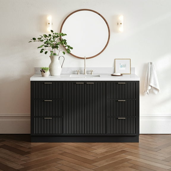ARIEL Milan 60 Inch Single Rectangle Sink Bathroom Vanity with Carrara White Quartz Countertop 1.5 Inch in Black