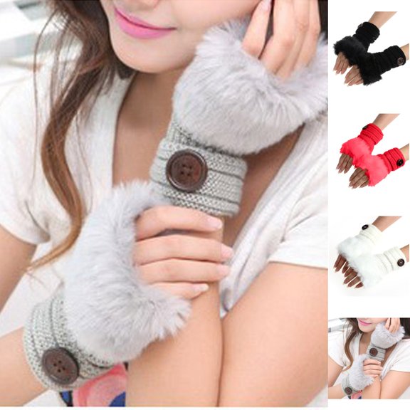 Fgnfyis Winter Gloves for Women Girl Mittens Warm Rabbit Winter Wrist Fingerless Plush Convertible Handwear Grey
