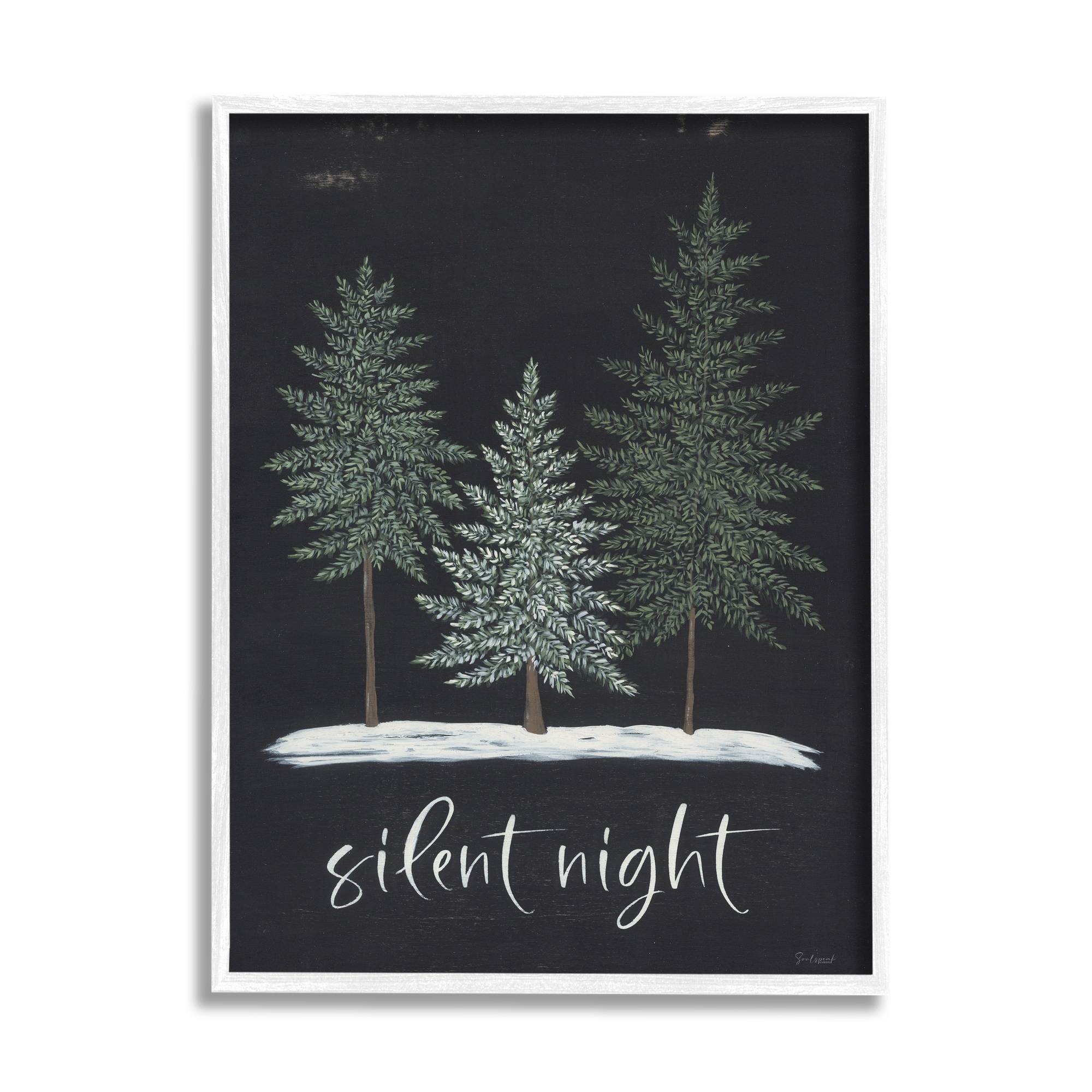Silent Night Black Weathered Phrase Sign Fir Trees Inspirational Graphic Art Framed Art Print Wall Art