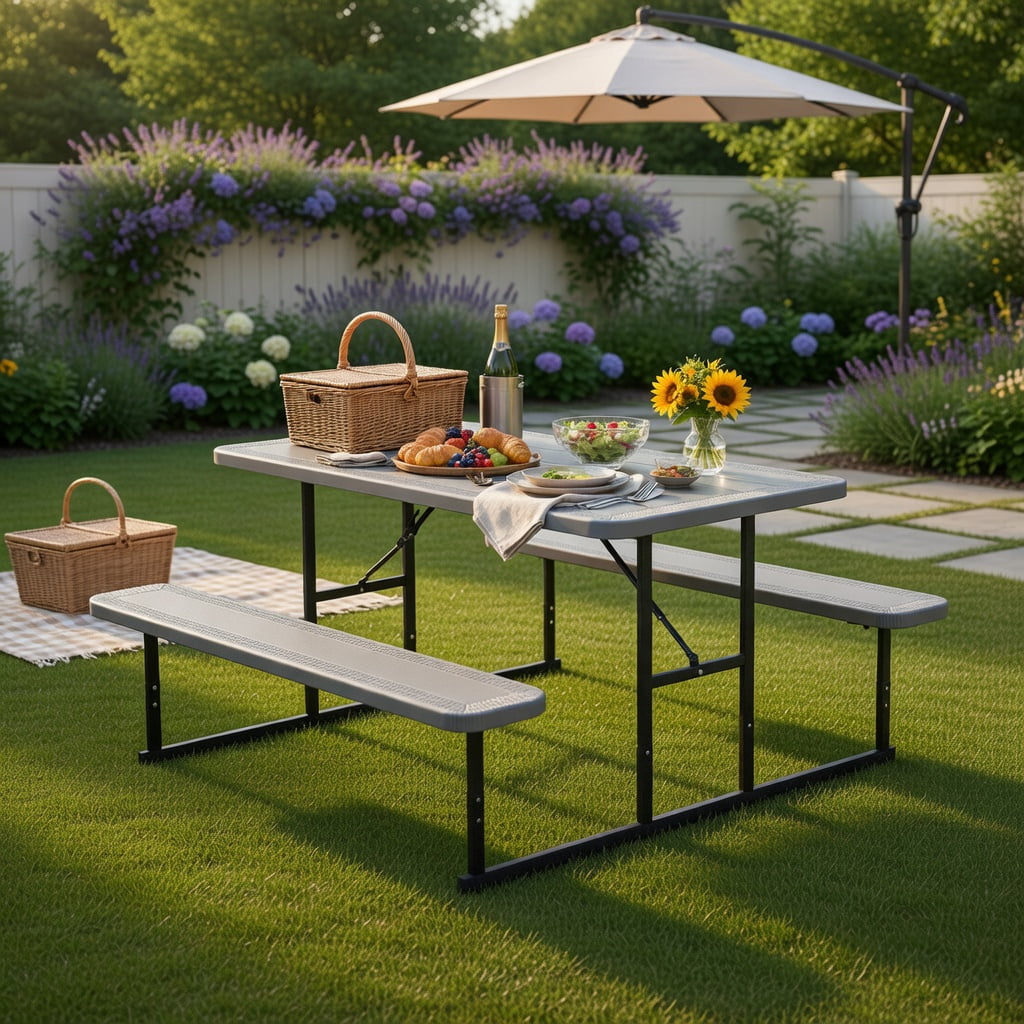 Hommoo Outdoor Picnic Table and Bench Set for 2-4 People, Rectangular HDPE Dining Table with Metal Frame, Weather-Resistant, Gray