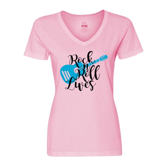Inktastic Rock and Roll Lives with Blue Guitar Women's V-Neck T-Shirt