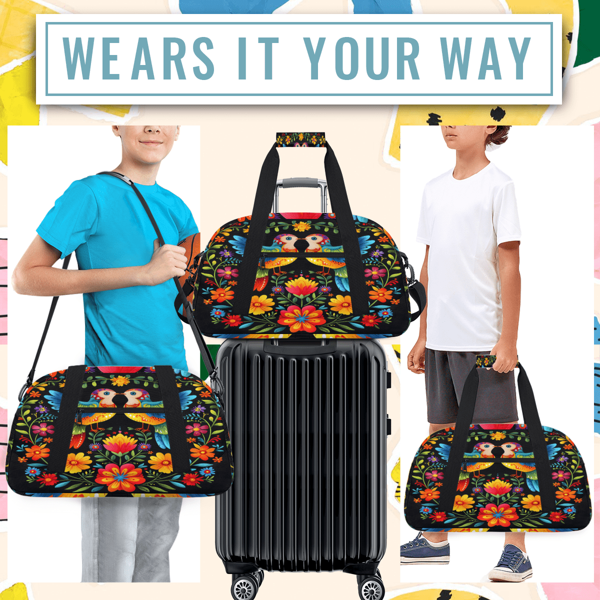 Herdesigns Sports Duffle Bags Travel Duffle Bag Gym Bag Mexico Otomi Stylel Foral Bird Weekender Travel Bag Waterproof Overnight Bag Carry On Travel Tote Bag Dance Bags