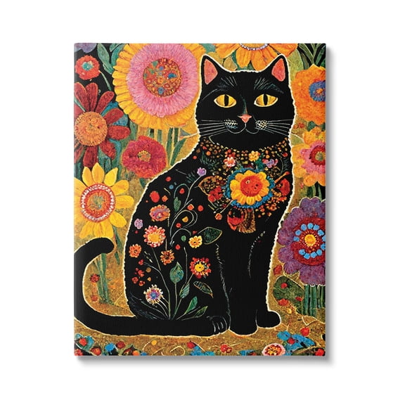 Stupell Industries Cat with Patterned Florals Animals & Insects Painting Gallery Wrapped Canvas Art Print Wall Art, 16 x 20