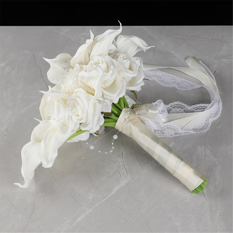 Elegant White Artificial Flower Bouquets For Bridal Party Decorations Gift Silk Calla Lilies Rose Bridal Accessory