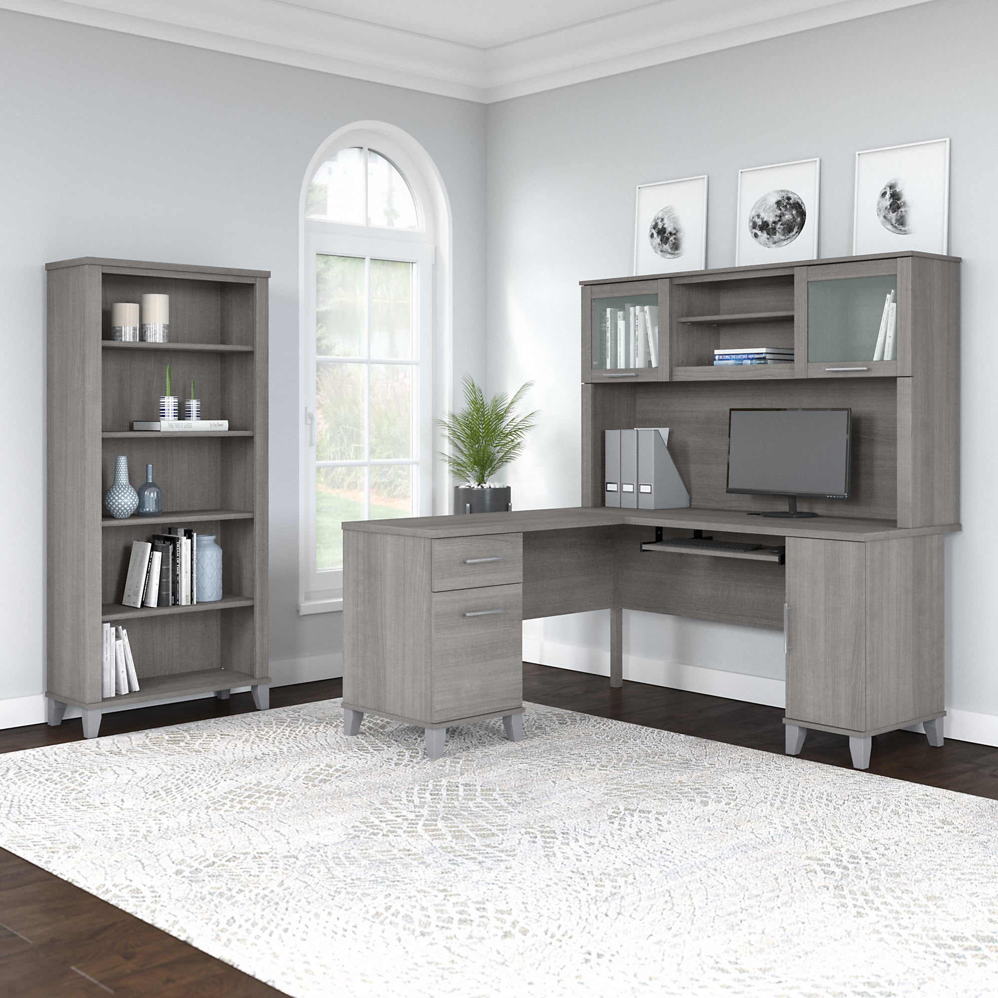 Bush Furniture Somerset 60" L Shaped Desk with Storage, Platinum Gray