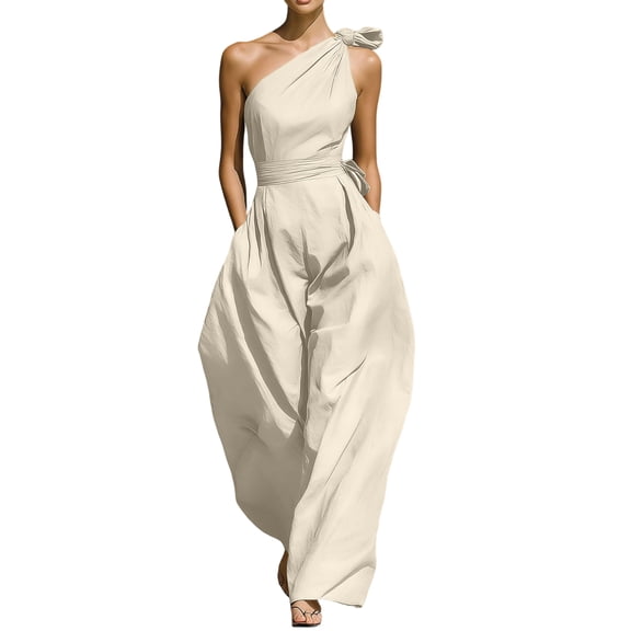 JULMCOMO Jumpsuits for Women One Shoulder Bow Tie Waist Vacation Summer Rompers Wide Leg Baggy Dressy Jumpsuit with Pockets Beige S