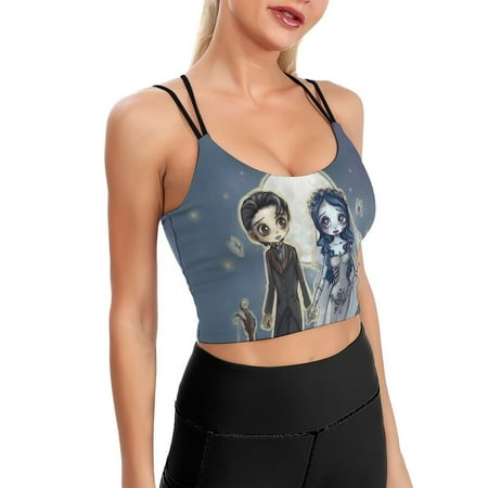 Cartoon Corpse Bride Sports Bra For Women Padded Crop Top Camisole Yoga Tank Top Vest Workout Tops Racerback With Built In Bra Activewear Fitness Gym