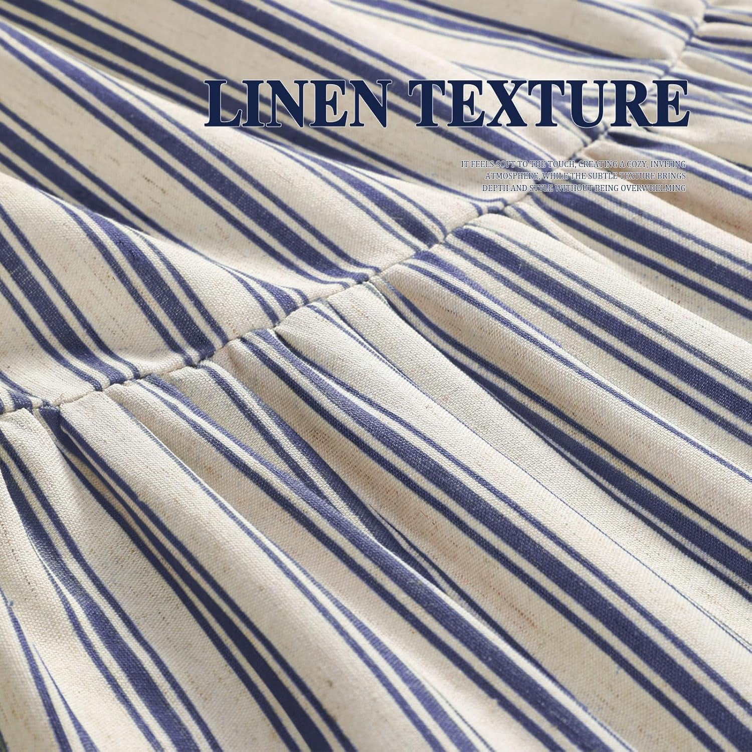 Boho Farmhouse Shower Curtain with Ruffle Hem, Linen Textured White Shower Curtains for Bathroom Vintage Rustic Fabric, Blue Stripe 72" W x 72" L
