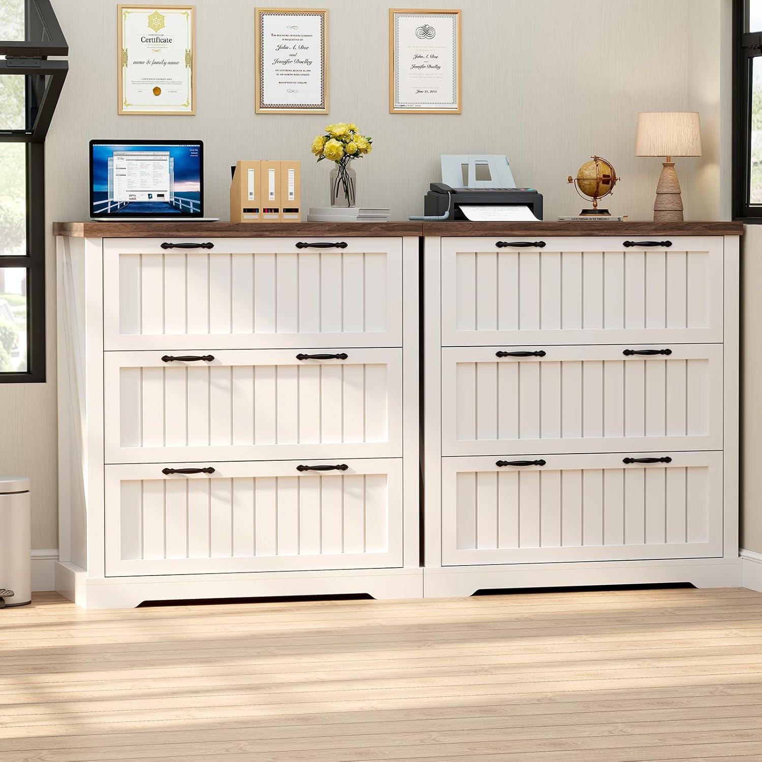 3 Drawer File Cabinet, Farmhouse Filing Cabinet Fits Letter/Legal/A4 Size, Wood File Cabinet with Printer Stand for Home Office, Retro Style for Living Room, White & Brown Top