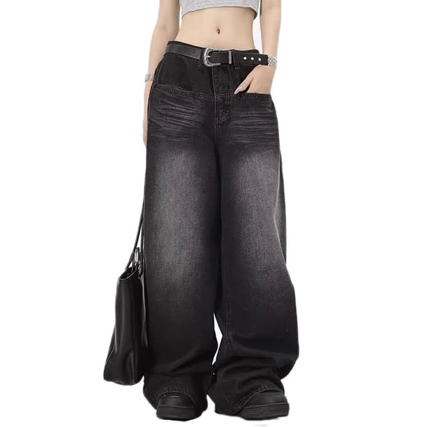 Pantalones vaqueros negros Retro de gran tamaño para mujer, pantalones de pierna ancha, pantalones vaqueros holgados de cintura baja, pantalones de barril, ropa de calle Chic Y2K para hombre