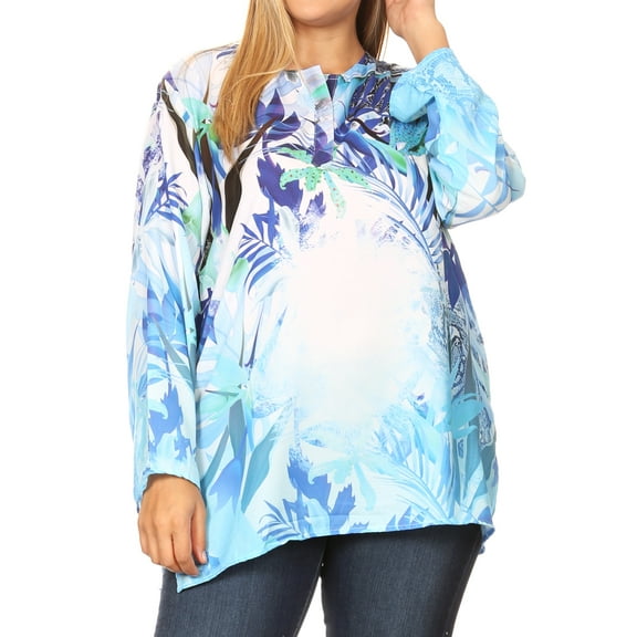 Sakkas Linea Women's Casual Floral Print Long Sleeve Swing Boho Pullover Tunic Top - LB218-Blue - One Size