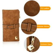Vegan PU Leather Wallet, TSV Long Wallet with Multi-Cards for Women, Slim Bifold Purse, Card Holder with Snap, Brown