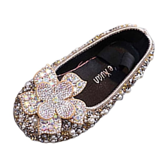 IVEYRTF Girl Rhinestone Flower Shoes with Elastic Strap Sparkly Dress Flats for Special Occasions Kids' Dazzling Party Shoes(Gold,9.5-10 Years)