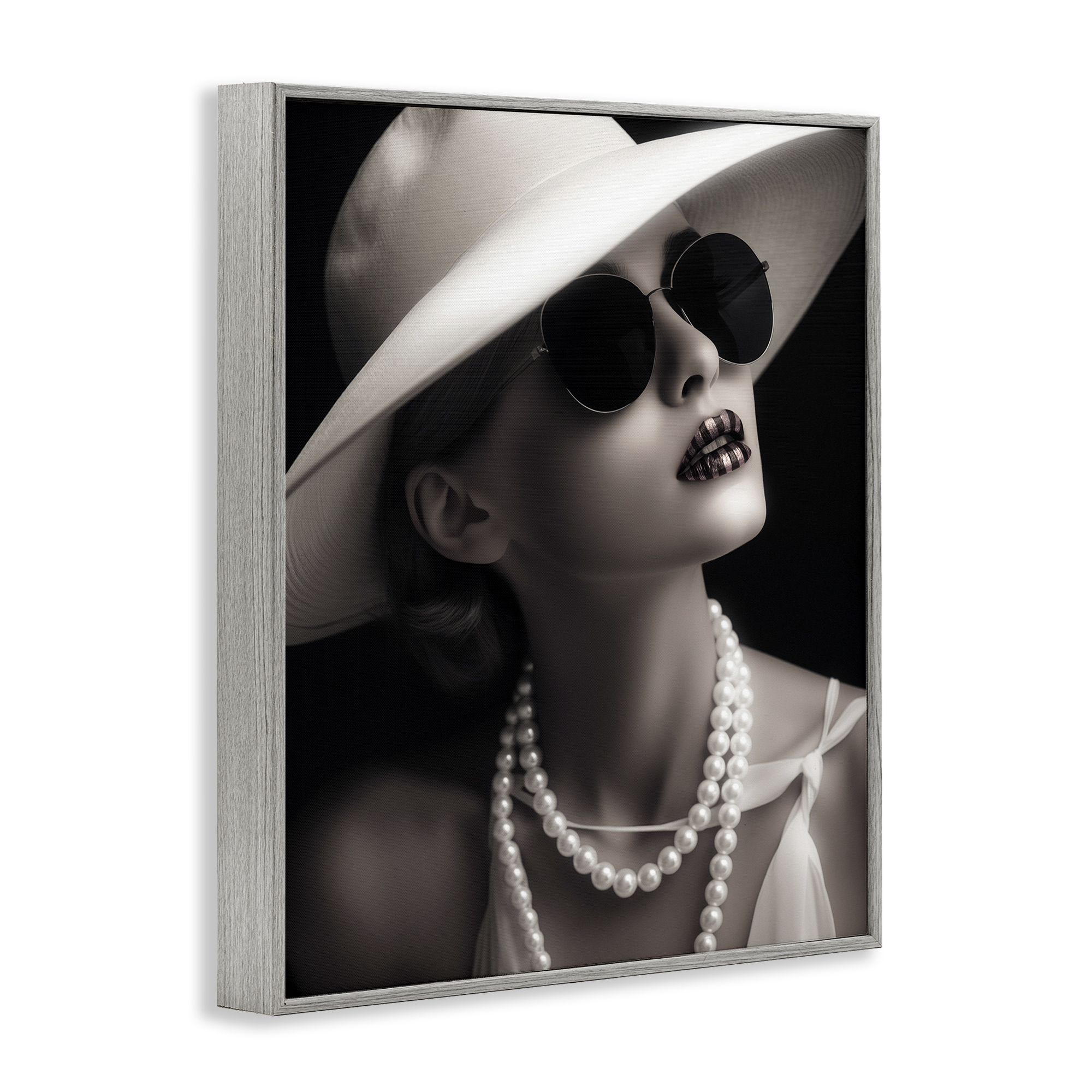Stupell Industries Trendy Girl with Striped Lips Novelty Painting Gray Framed Art Print Wall Art, 24 x 30