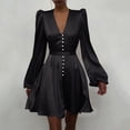 thumbnail image 1 of Women Plain Puff Sleeve Ruffled Button Long Sleeve Dress, 1 of 6