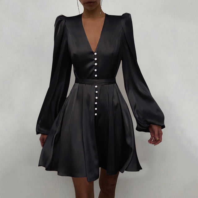 Women Plain Puff Sleeve Ruffled Button Long Sleeve Dress