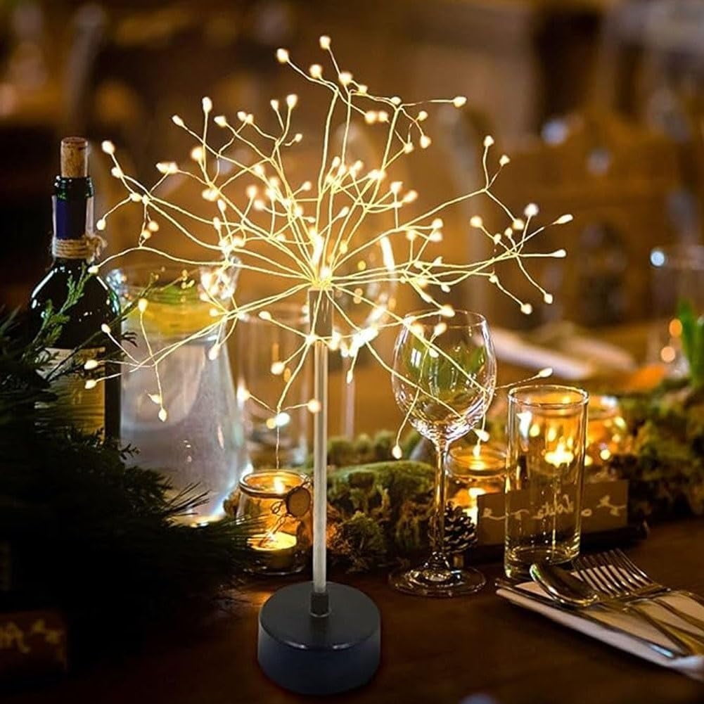 Mini Table Firework Lights, 100LED Dandelion Table Lamp with Warm Starburst Fairy Lights, Battery Operated Fireworks Table Light for Christmas Party, Bedroom, Home Décor, Holiday Table Centerpiece