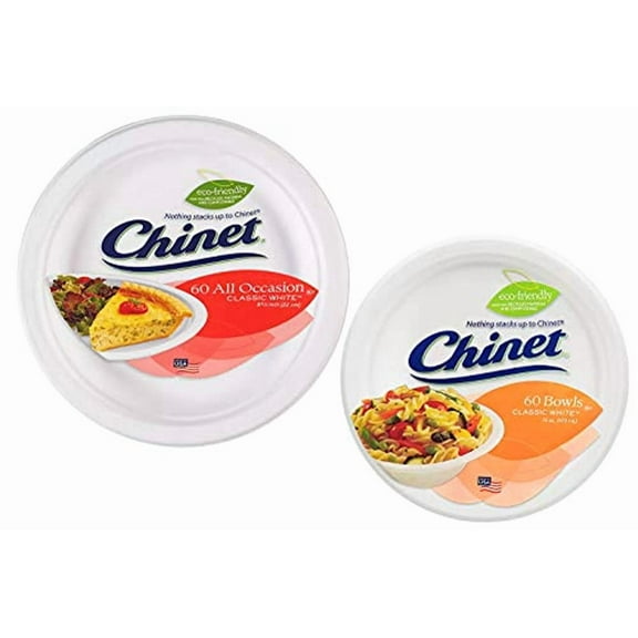 Chinet Classic Bundle - 60 Paper Bowls and 60 Paper Disposable Plates Combo - Classic White 16 Oz Bowls and All Occasion Inch Classic White Plates