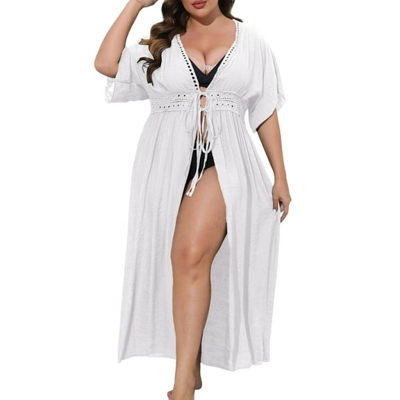 JIAYUE Women's Swimwear Cover-Ups Half Sleeve V Neck Hollow Lace Up Plus Size Pleated Solid Color Ankle Length Bathing Suit Cover Up Dresses