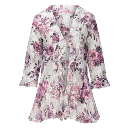 

Ziloco Woman Fashion Turndown Bubble Cardigan Lace Cutout Hollow Sleeve Jacket Blouse scrub jacket