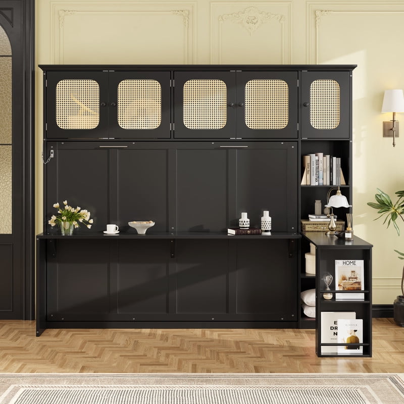 Full Size Murphy Bed with Desk and Open Shelf, Space-Saving Wall Folding Platform Bed Frame with Rattan-Door Cabinets
