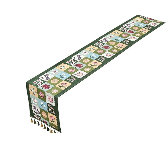 Boho Patchwork Floral Table Runner, 14X47 Inch with Tassels, Linen Look Jacquard Table Runners, Spring Farmhouse Kitchen Dining Table Decoration for Home Party Decor (Green)