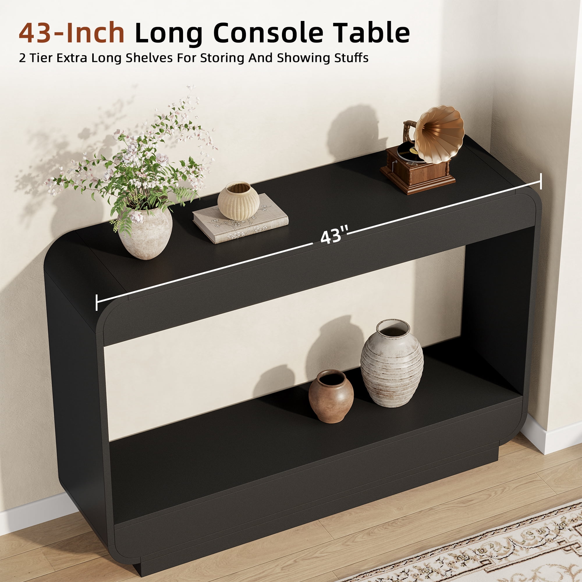 Aufeile 43" Console Table, Curved Entryway Table with Storage, 2-Tier Wood Sofa Table Behind the Couch, Narrow Entry Table for Hallway Foyer Entrance, Black