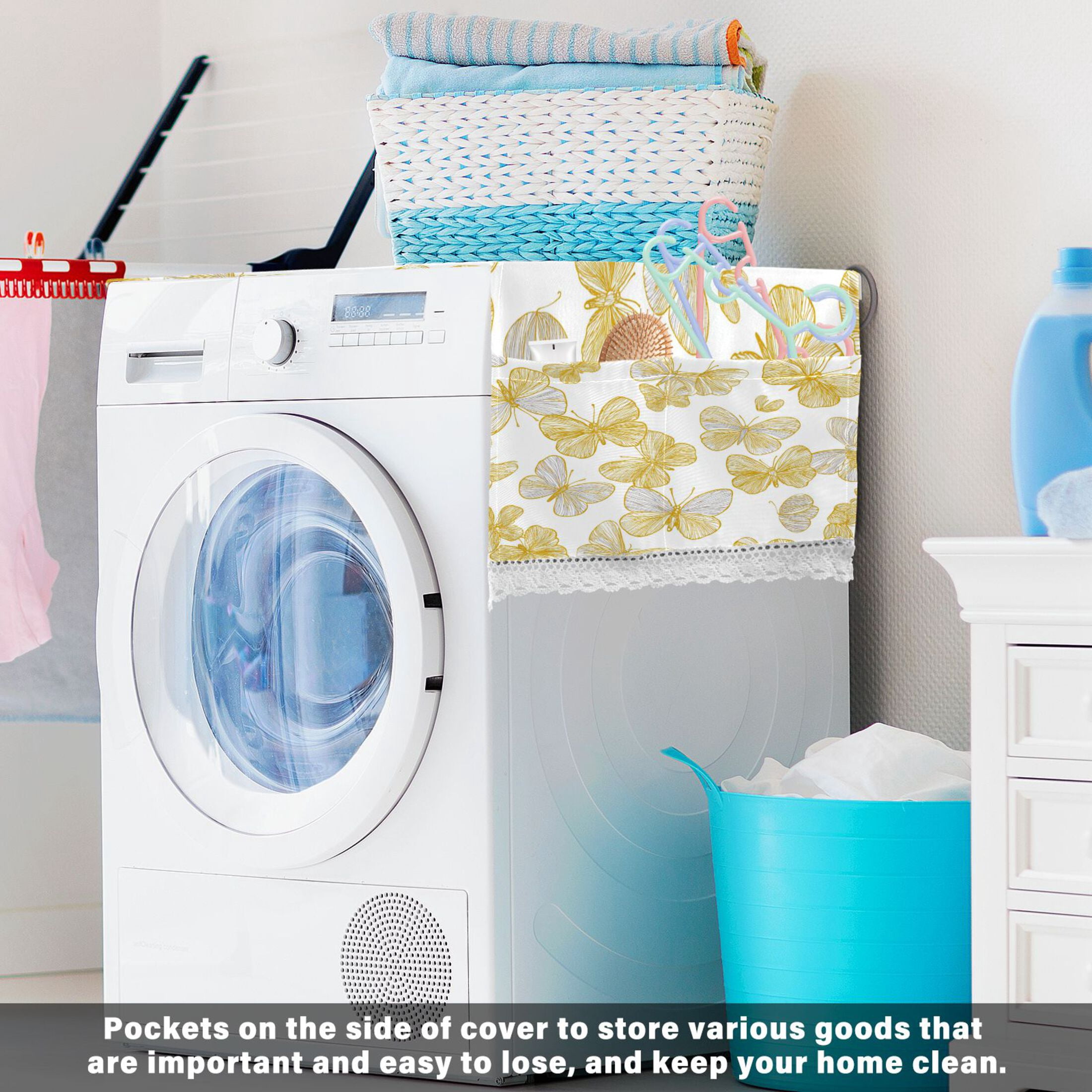 Wobogo Golden Butterfly Floral Washing Machine Cover Dustproof Washer Dryer Cover Waterproof Laundry Room Decorative Protector