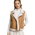 thumbnail image 2 of Love Tree Women's Juniors Faux Leather Sherpa Trim Moto Vest (Brown, Small), 2 of 2