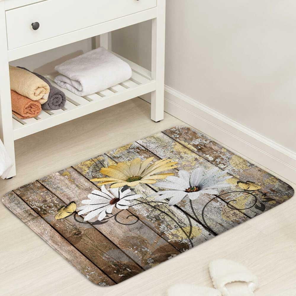 Farmhouse Floral Flower Bath Mat, Daisy Rustic Wooden Plank Country Barn Wood Yellow Flower Non-Slip Flannel Soft Doormat Floor Entryways Outdoor Indoor Front Door Mat, (17X29)