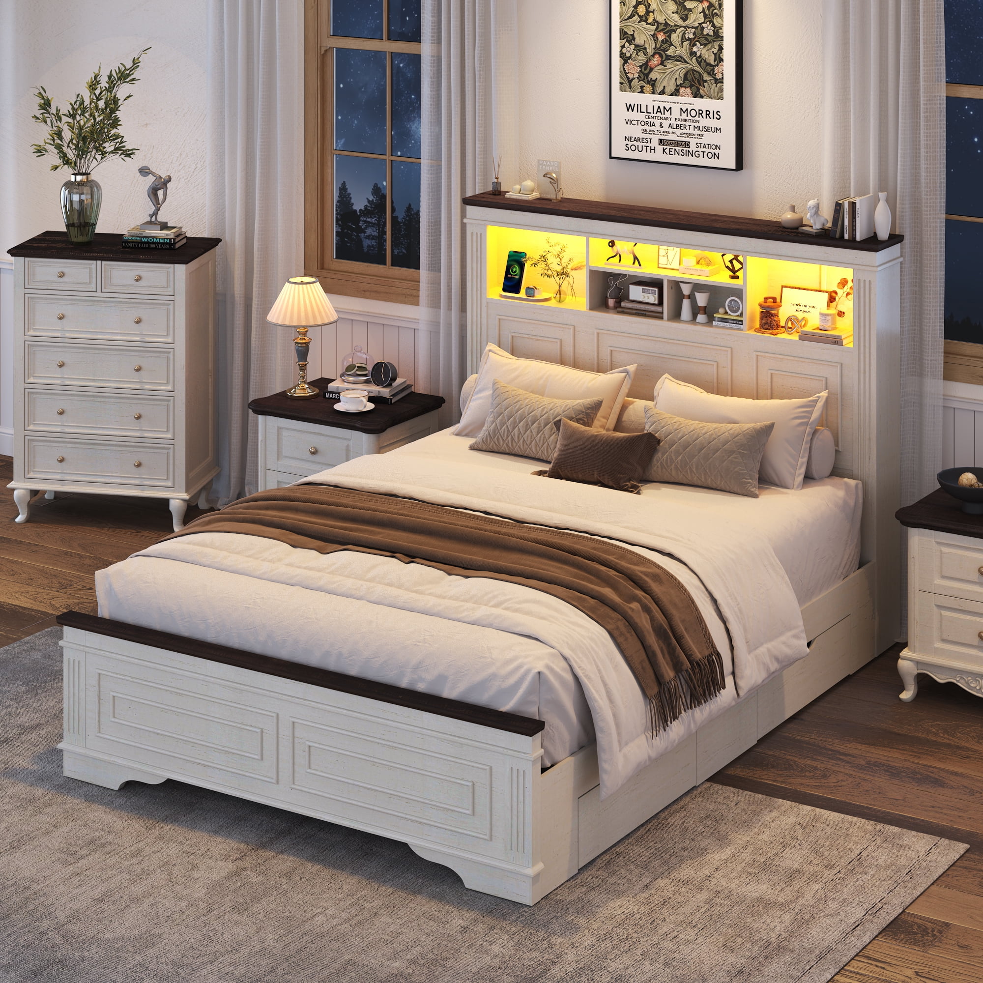 ANPOO Farmhouse Queen Size Bed Frame with 51" Tall Headboard & 4 Drawers, Queen Bed Frame and Headboard with LED Lights & Charging Ports, No Box Spring Needed, Wooden, Antique White
