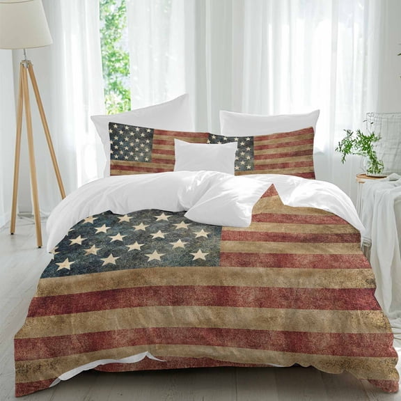 American Flag Twin Size Comforter Set, Vintage Flag Pentagram Red Brown Stripe Bedding for All Seasons, 4 Pcs Bed Set, 1 Quiltcover (68"x86") ,1Sheet(67"x116"), 2Pillowcases (30"x20")