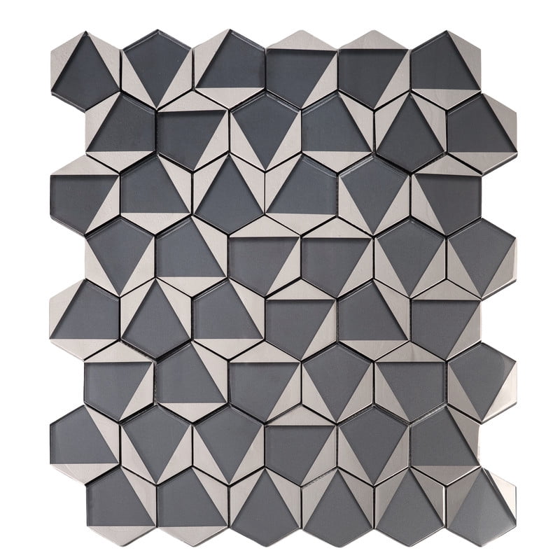 Mirari 9x11 in. Gray Glossy Glass 3D Trapezoid Mosaic Wall Tile (3.28 sq ft/case, 5-Pack)