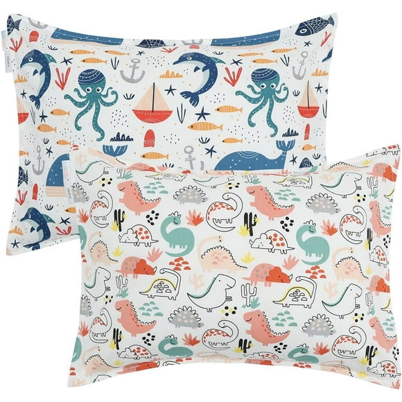 Cotton Toddler Pillowcases 2 Pack Kids Pillow Cover Fit 13"x 18" or 12"x16" Envelope for Girl Boy Sleepy Travel