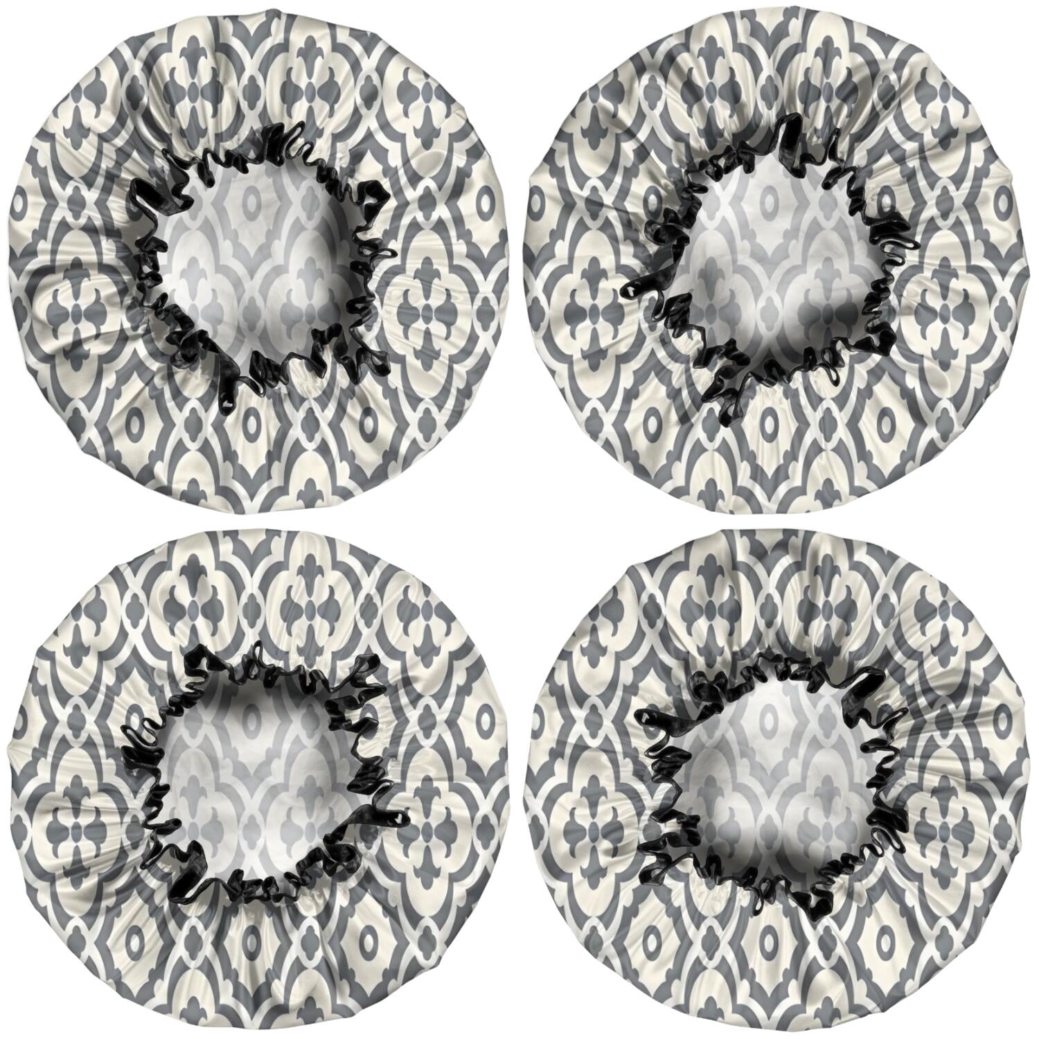 Shower Caps,Boho Gray and Beige Floral Ethnic Pattern Waterproof Shower Cap for Women 4 Pieces,Double Reusable Hair Cover for Shower PEVA Elastic Stretch Hem