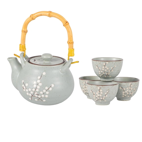 Japanese Plum Blossom Design Tea Set 27 fl oz Teapot with 4 Cups Serving Home Decor Asian Fusion Housewarming Decor (Blue)