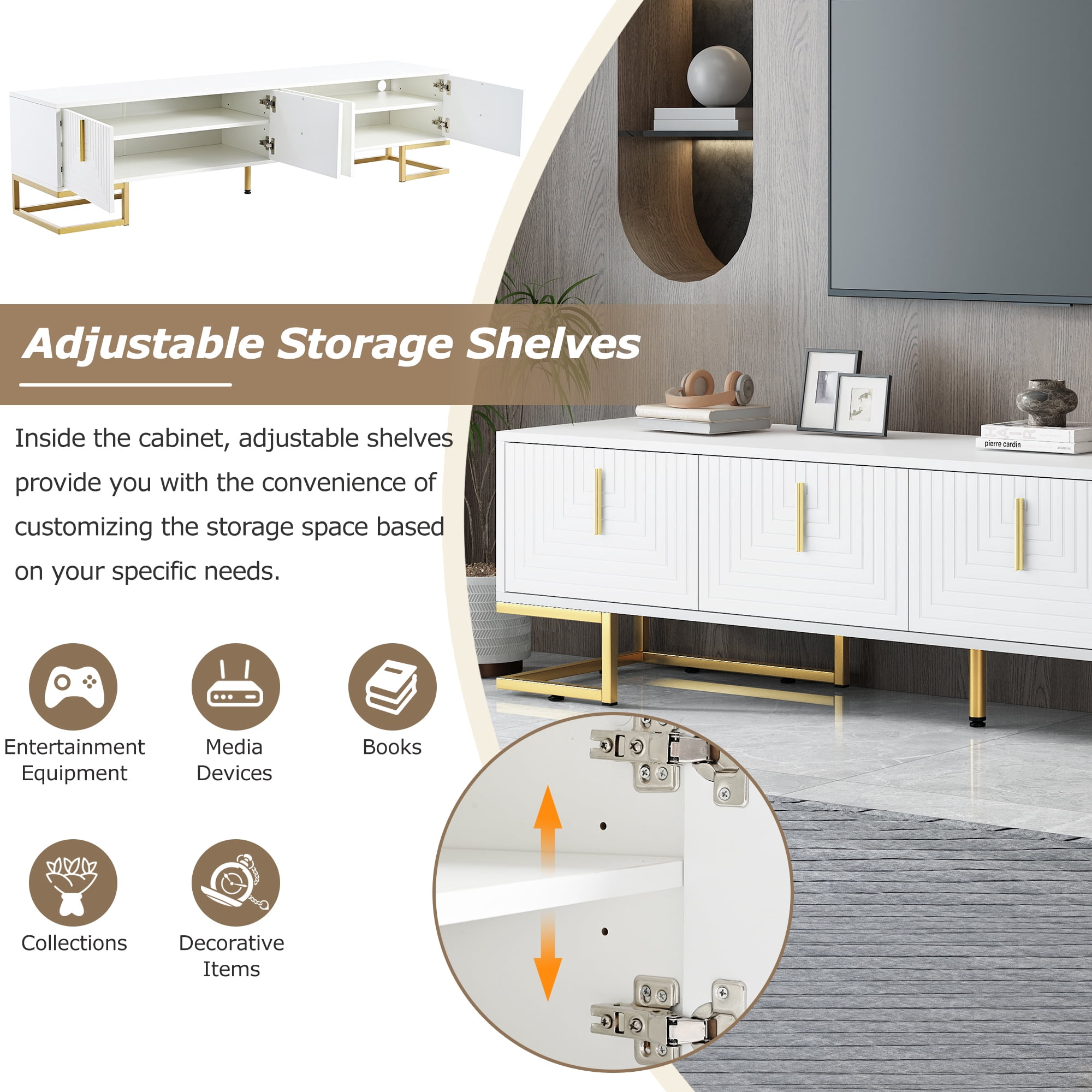Euroco TV Stand Up to 80" Television, Media Console Table MDF, 4‑Door Storage, Gold Legs