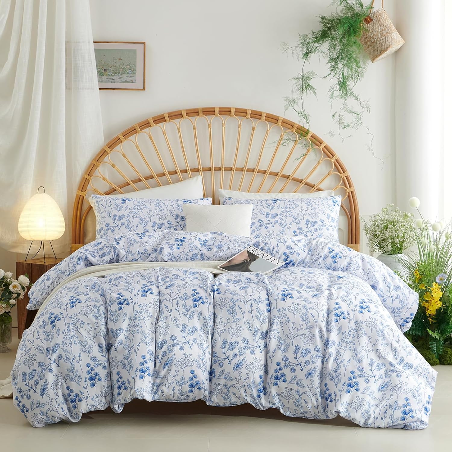 NAYOROOM Duvet Cover Queen Size,3 Pieces Botanical Floral Leaf Soft Comforter Cover Set for Adults,Blue White