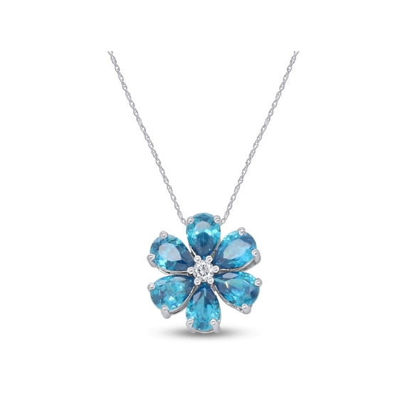 AFFY Simulated London Blue Topaz & White Sapphire CZ Flower Pendant Necklace in 14K White Gold Over Sterling Silver
